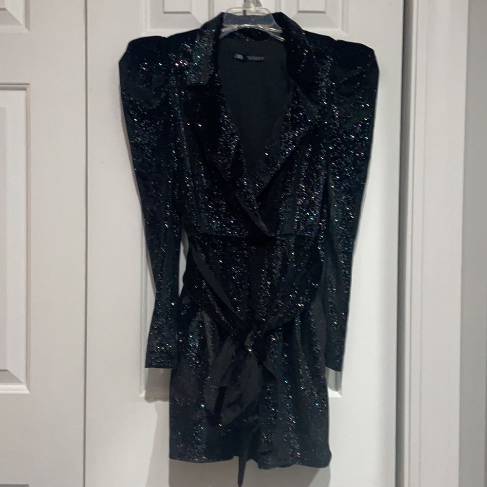 New ZARA Shiny Glittery Velvet Puff Sleeves Blazer Dress With Tie Belt - Picture 11 of 14